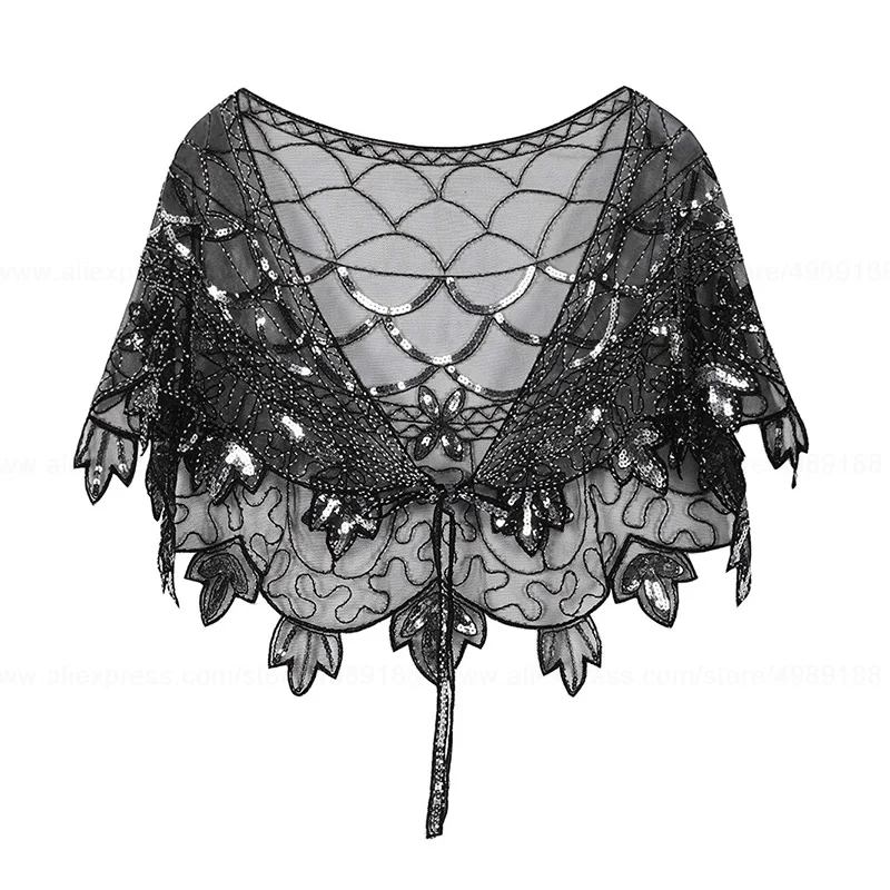 Silver Shawl -C Винтажная черная сетка 1920s& блестки Хлопушка капель розовый/бежевый/Абрикосовый/розовый - Цвет: Silver Shawl -C