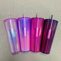 2022 new studded tumbler cold cup plastic studded grid collection tumbler pineapple cup with straw and lid