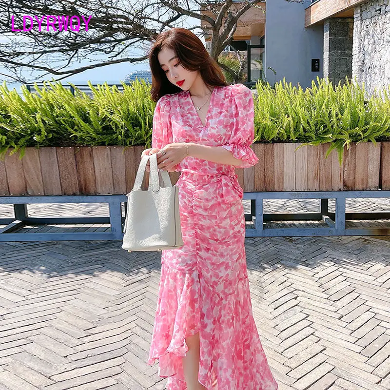 

LDYRWQY Women's 2021 new floral mermaid skirt waistband floral chiffon shirt suit 2-piece set Office Lady