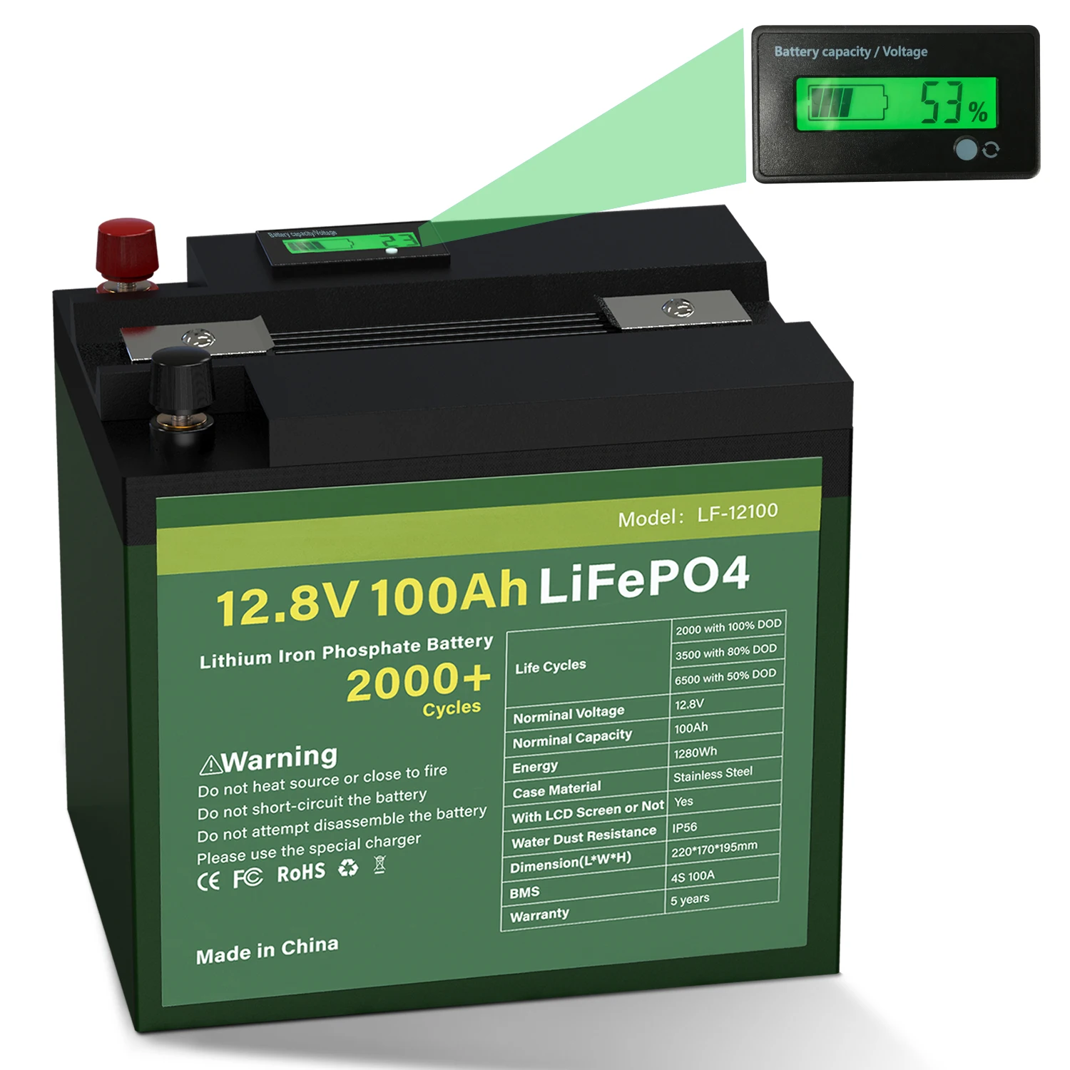 Аккумуляторная батарея LiFePO4 12 В 100 Ач встроенная BMS литий-железо-фосфатная Новая
