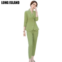 ladies office suit business blazer pencil pant 2 pieces set single button pleat hem in color black and lime for autumn