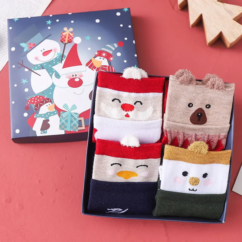 Cartoon Santa Claus Sock with Gift Boxes Ladies Christmas Stockings New Year's Festive Red Crew Christmas Gift Sock Women