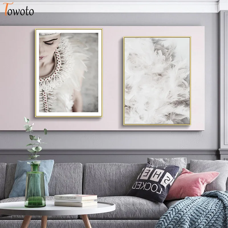 Абстрактная настенная живопись современный плакат печать женщина белое перо