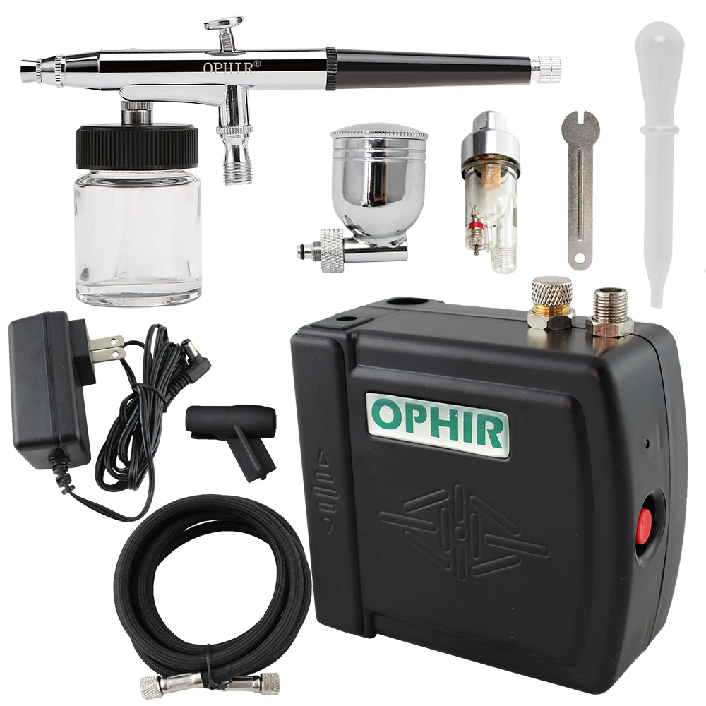 OPHIR 0.3mm Dual Action Airbrush Kit with Air Compressor Cake Airbrush Kit Nail Art Paint Mahine Makeup Tools#AC003H+AC005+AC011