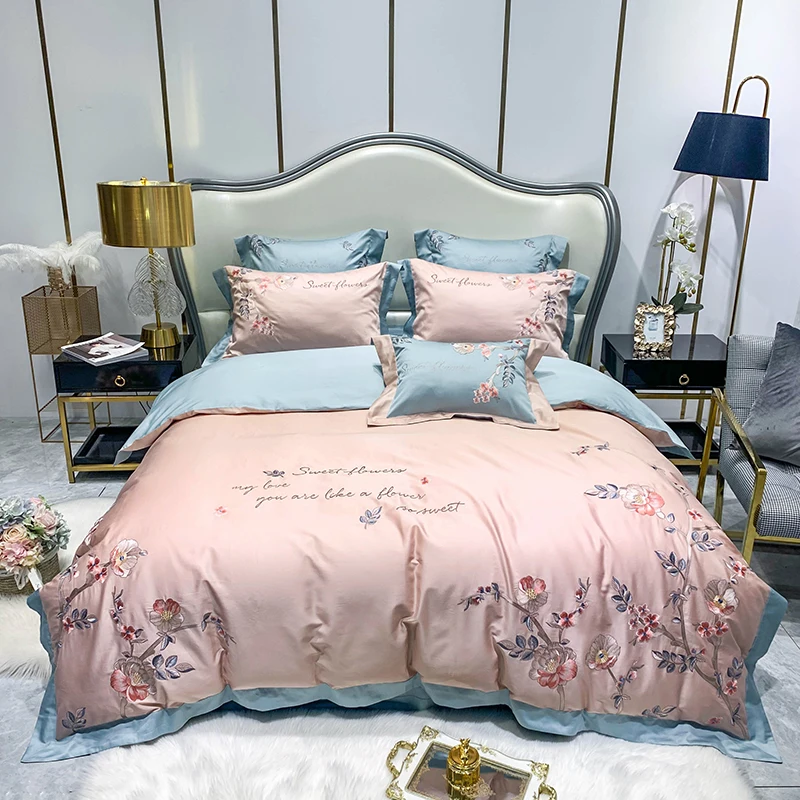 

Luxury White 600TC Egyptian Cotton American Style Flowers Embroidery Bedding Set Duvet Cover Bed Sheet Pillowcases Home Textile