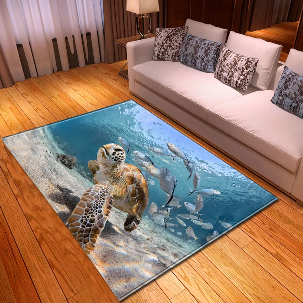 

3D Parlor Area Rug Ocean Sea Turtle Pattern Children Room Decor Play Mat Bedside Rug Soft Flannel Carpet for Home Living Room