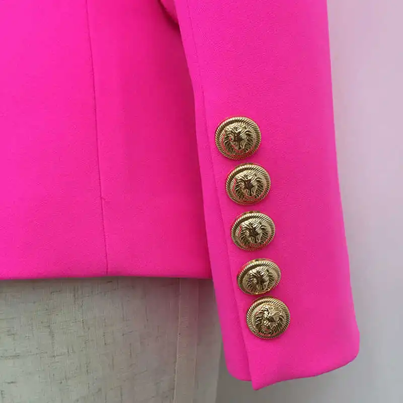 

autumn Fushia Blazer Women Office Ladies Gold Double Breasted Buttons Rose Pink Fashion coat