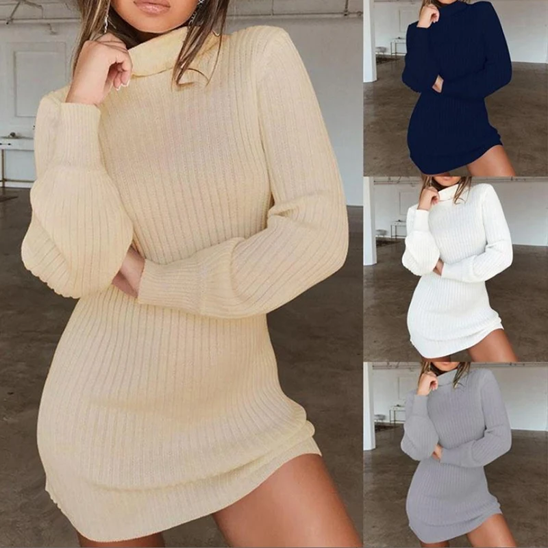 

Women Casual Winter Autumn Dress Lady long Sleeve Crewneck Jumper Thin Casual Knitted Sweater Mini Dress Vestidos Mujer 2020 New