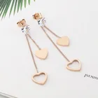 Новые модные длинные двойные серьги в форме сердца с кристаллами персикового цвета из титановой стали и розового золота, ювелирные изделия, оптовая продажа