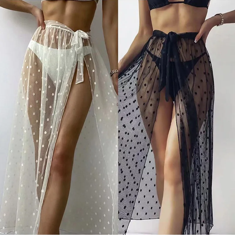 

Sexy Women Mesh Sheer Beach Bikini Cover Ups Vacation Sunscreen Wrap Skirt 2021 New RufflesDot High Waist Split Bikini Cover Up