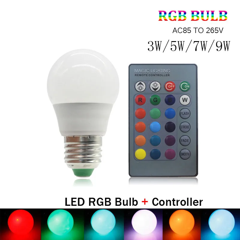 E27 Светодиодный лампочки 3 Вт 5 7 9 RGB 16 Цвет светодиодный светильник AC85 265V Сменные