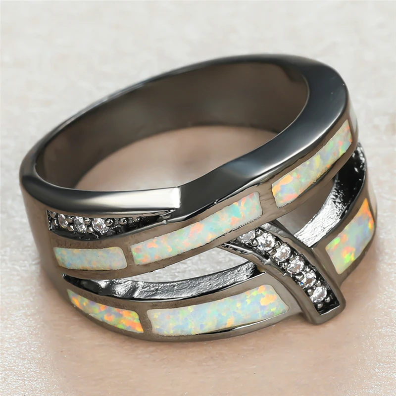 

Trendy Male Female White Opal Stone Ring Charm 14KT Black Gold Wedding Rings For Women Men Punk Geometry Crystal Engagement Ring