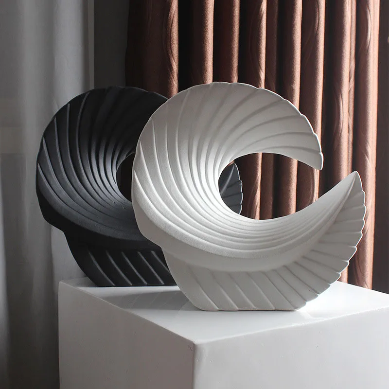 

Modern minimalist wave shape ceramic ornaments matte black and white home decorations creative ceramic sculpture art ornaments