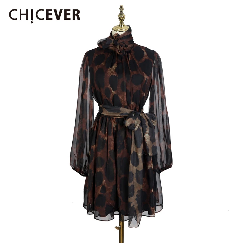 CHICEVER винтажное леопардовое Платье с принтом женский кружевной воротник стойка