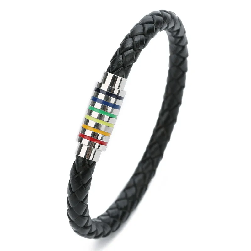 Мужской/женский кожаный браслет на запястье Радужный Браслет из нержавеющей