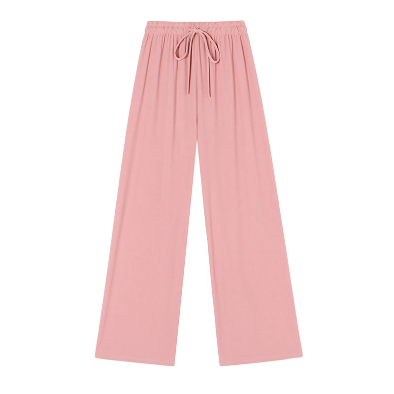 

Solid Color Casual Loose Long Pants Summer High Waist Elastic Sash Ice Silk Knit Trousers Women Soft Comfatable Wide Leg Pants