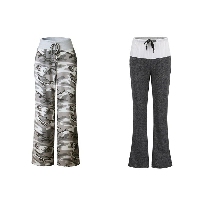 

2Pcs Women's Joggers Sports Yoga Pants Trousers Wide Leg Pant High Waist Sweatpants,Khaki Camouflage & Black Size XXXL