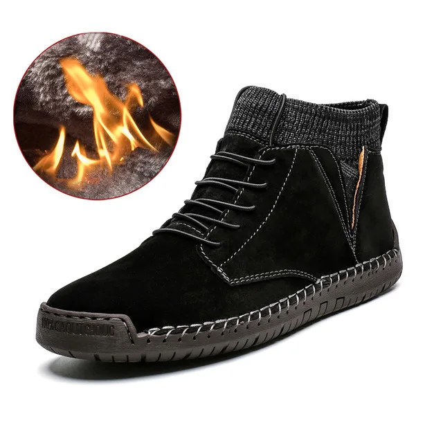 Fur black Бренд Мужские зимние сапоги; теплые зимние плюшевые тапочки; теплые мужские мотоботы на шнуровке Нескользящая сапоги мужские короткие Водонепроницаемый осенне-зимние мужские туфли для работы - Цвет: Fur black