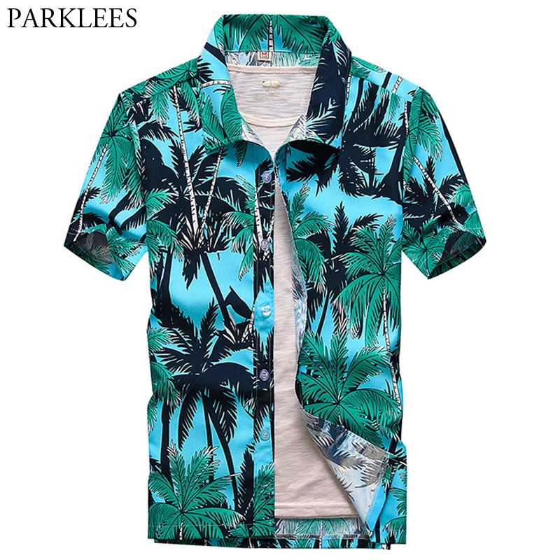 Blue Palm Tree Printed Hawaiian Shirt Men 2020 Summer Short Sleeve Beach Aloha Party Casual Shirts Mens Holiday Vacation Chemise