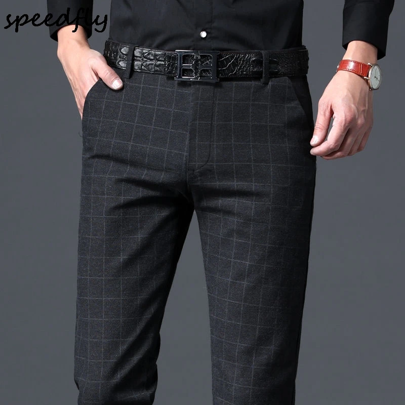 

Мужские повседневные брюки в клетку, черные или синие облегающие брюки в деловом стиле, весна 2021