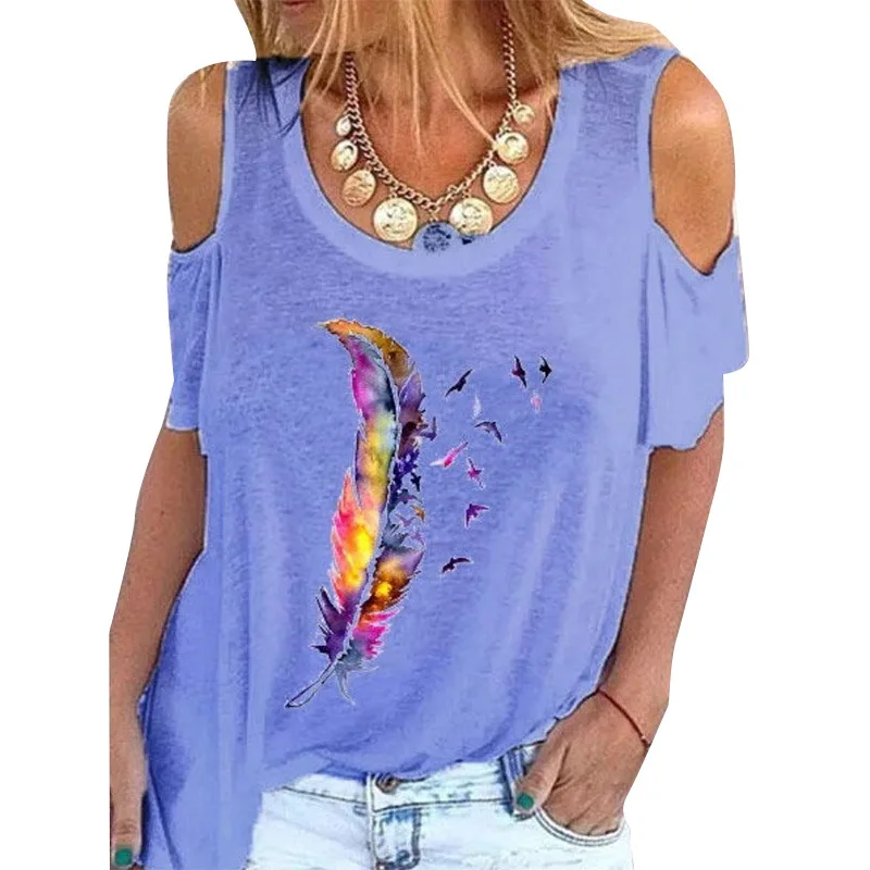 

Summer European and American New Round Neck Off Shoulder Tops Retro Printed T-shirt Loose Casual Shirt Feather Pattern Pullover