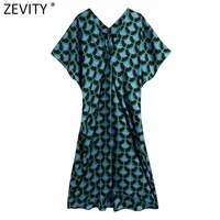 zevity new 2021 women vintage v neck geometric print loose midi dress female chic short sleeve casual slim kimono vestido ds8676