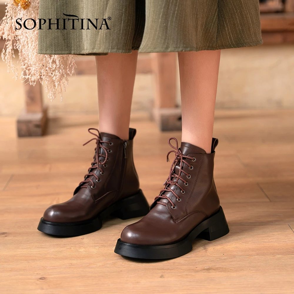 

SOPHITINA Casual Ankle Boots Non-slip Thick Bottom Genuine Leather Cross-tied Zipper Boots Comfortable Round Toe Shoes HO167