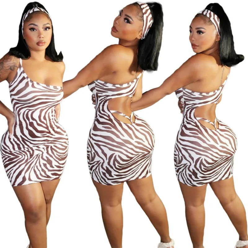 

Woman Mini Dresses Sexy Sleeveless Sling Tight-Fitting Print One-Step Dress Club Party Zebra Pattern Halter Strap Robes 2021 New