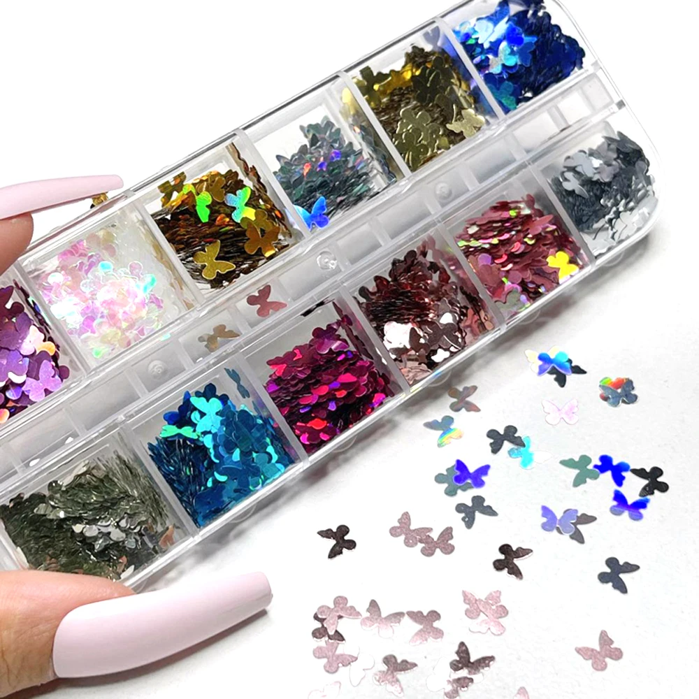 

12 Colors/Box 5mm Laser Butterfly Nail Art Glitter Flakes Symphony Decorations Colorful Glitter Sequins AU-003