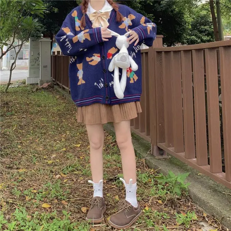 

Japanese Autumn Women Knit Cardigan Vintage Cute Bear Print Long Sleeve Sweater Coat Teen Girl Loose Overcoat Student Jacket