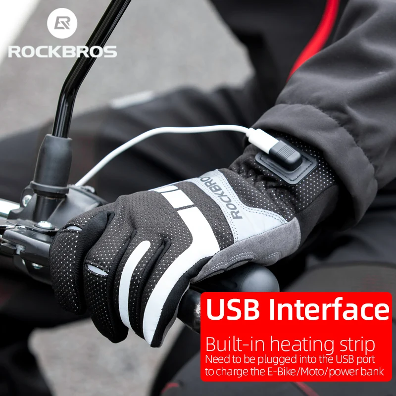 

ROCKBROS Cycling Gloves Windproof Waterproof SBR Shckproof Touch Screen USB Heated Keep Warm Bicycle Motorcycle Ride Gloves