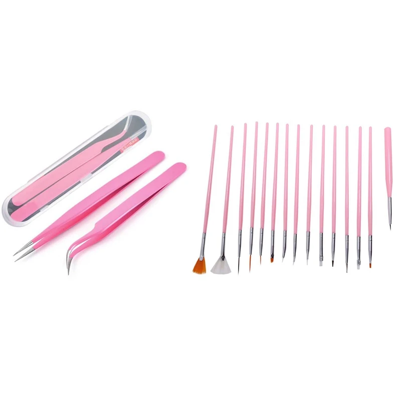 

15PCS Brushes For Nail With 2PCS Lash Tweezers, Stainless Steel Tweezers