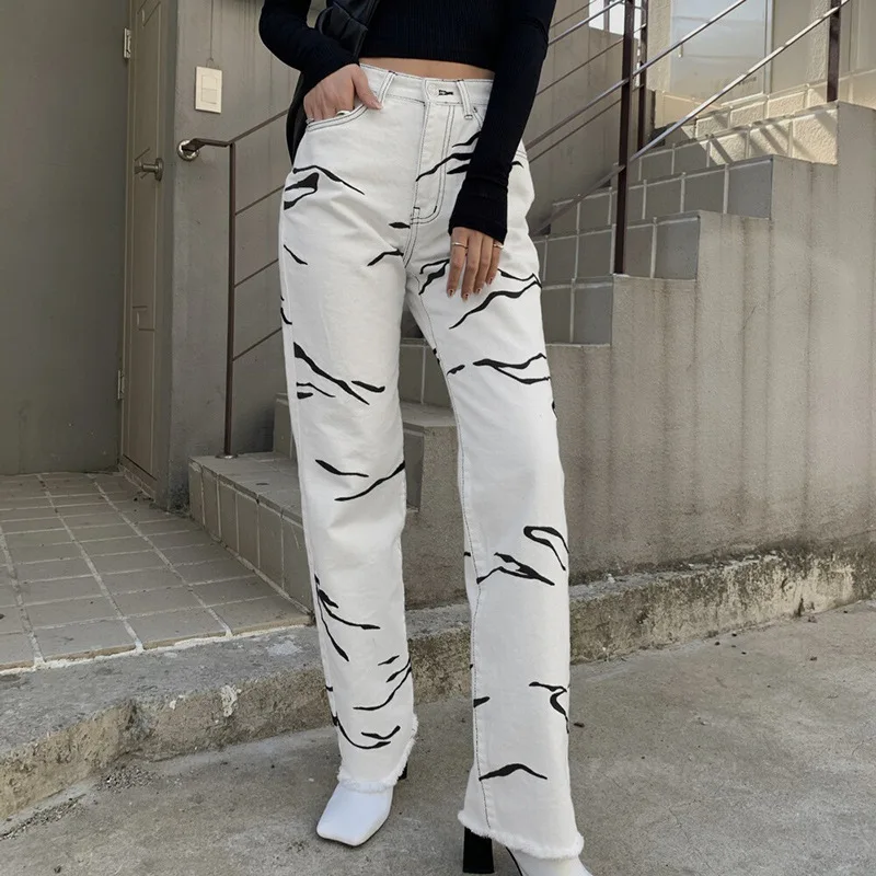 

Women Denim Pants Animal Print Contrast Color Straight New Trendy Trousers Cowgirl 2021 Summer Burr High Waist Slim Casual Jeans