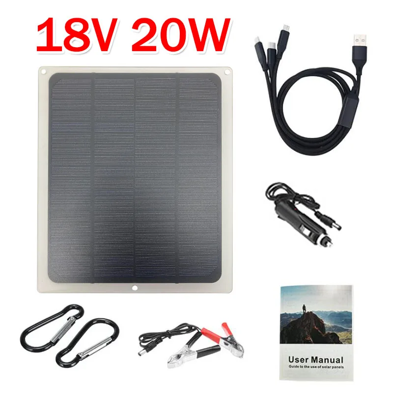 

Portable Outdoor Emergency Monocrystalline Solar Panel Kit Complete 20W 18V 3In1 Cable Solar Board for Camping Phone Battery