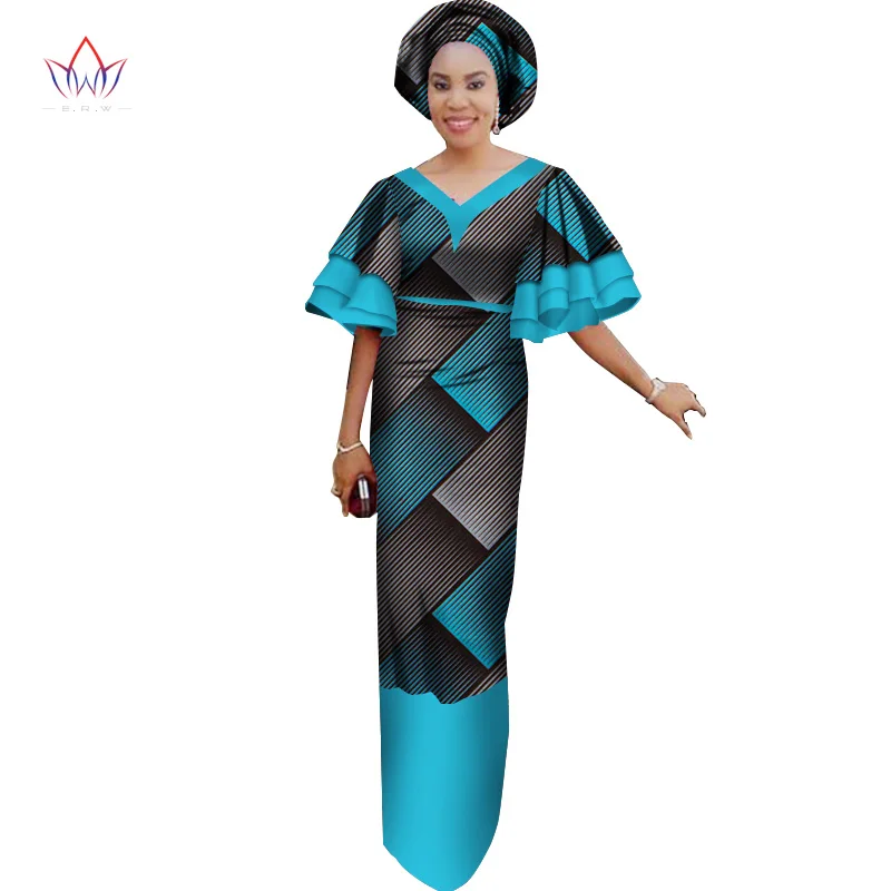 

Africa Bazin 2021 Summer Dress Deep V Neck Sexy Dress Ruffle Sleeve Dashiki African Print Wrap Maxi Dress Maxi Dress 6XL WY2597