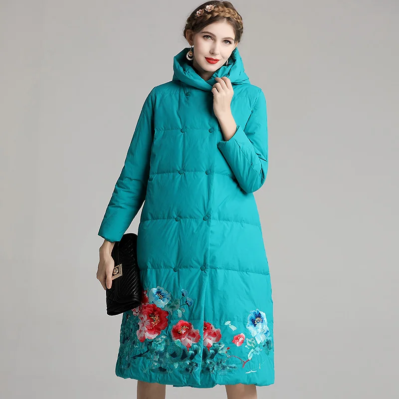 Зимний высококачественный пуховик в китайском стиле с вышивкой и большим