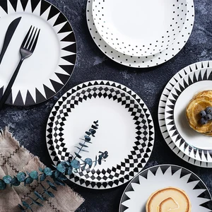 Nordic Simple Western Food Plate Creative Ceramic Flat Plate Black Diamond Bone China Dinner Plate Steak Plate Dim Sum Plate