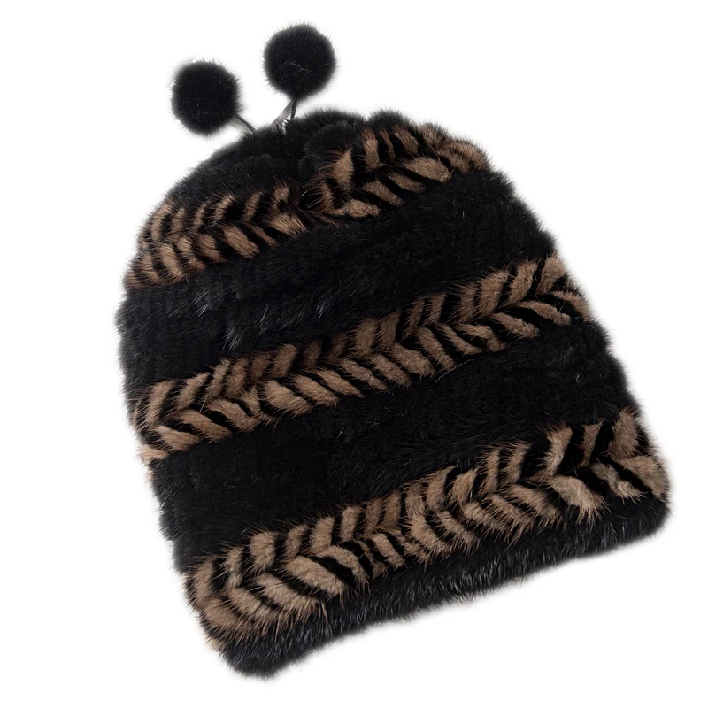 Female winter Korean mink Hat hand-knit mink fur hat, warm woman caps mink ball Free shipping