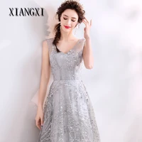 xiangxi vestidos silver evening dresses long v neck sleeveless evening dress formal party gowns robe de soiree abendkleider