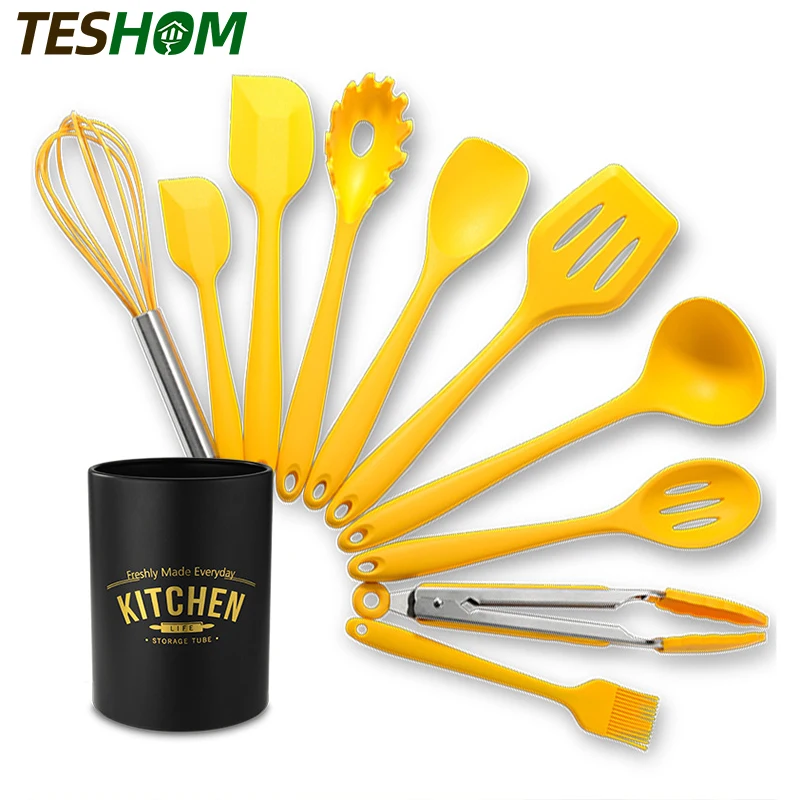 TESHOM 10 шт. Желтый силиконовый набор кухонной утвари с ручкой для хранения посуды