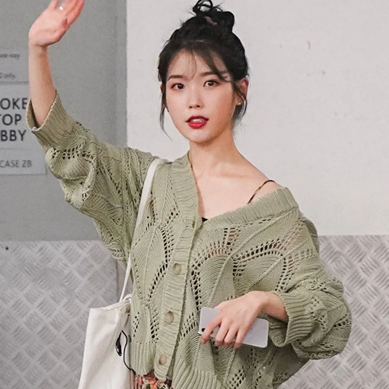 Kpop IU Lee Ji Eun Летний милый зеленый кардиган с вырезами вязаный свитер пальто +