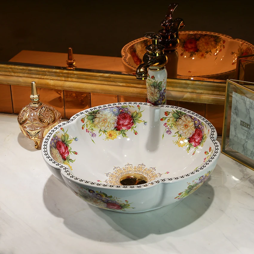 

Europe Style Bathroom Ceramic Basin Handmade Flower Shape Countertop Sink 42*42*14cm Restroom Wash basin