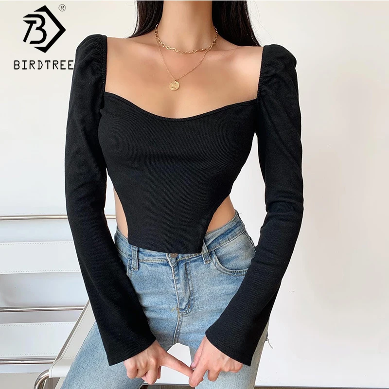

Spring 2020 Irregular Tshirt Women Crop Tops Vintage Square Collar Split On Waist Short Tops Long Sleeve T0D322A