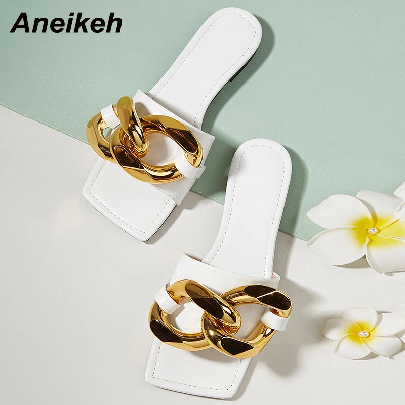 

Aneikeh Summer Women 2021 Fashion Slippers PU Ladies Shoes Peep Toe Square Heel Rome Metal Decoratio Bling Shallow Casual Solid