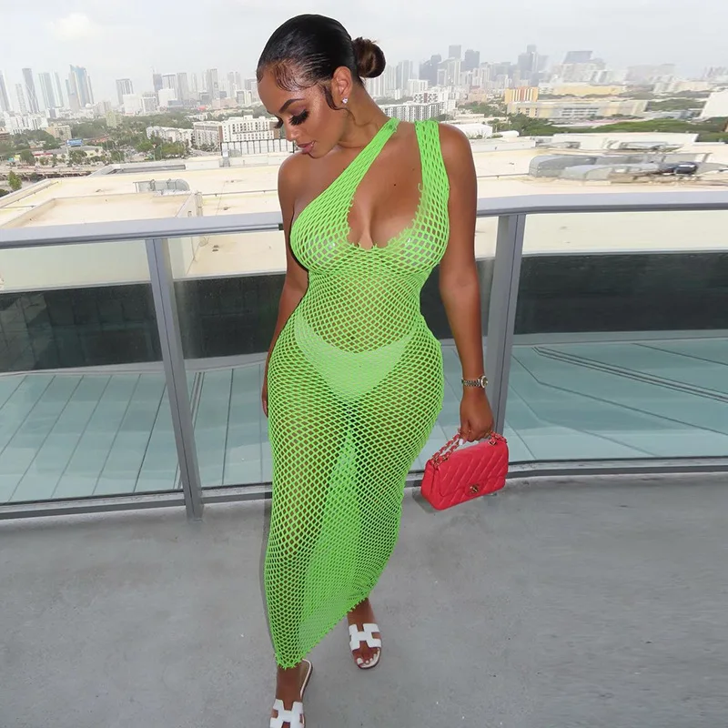 

Sexy Hollow Out Bodycon Ankle Length Dress Skew Collar See Through Night Club Long Vestidos 2021 Women Fashion Outfits