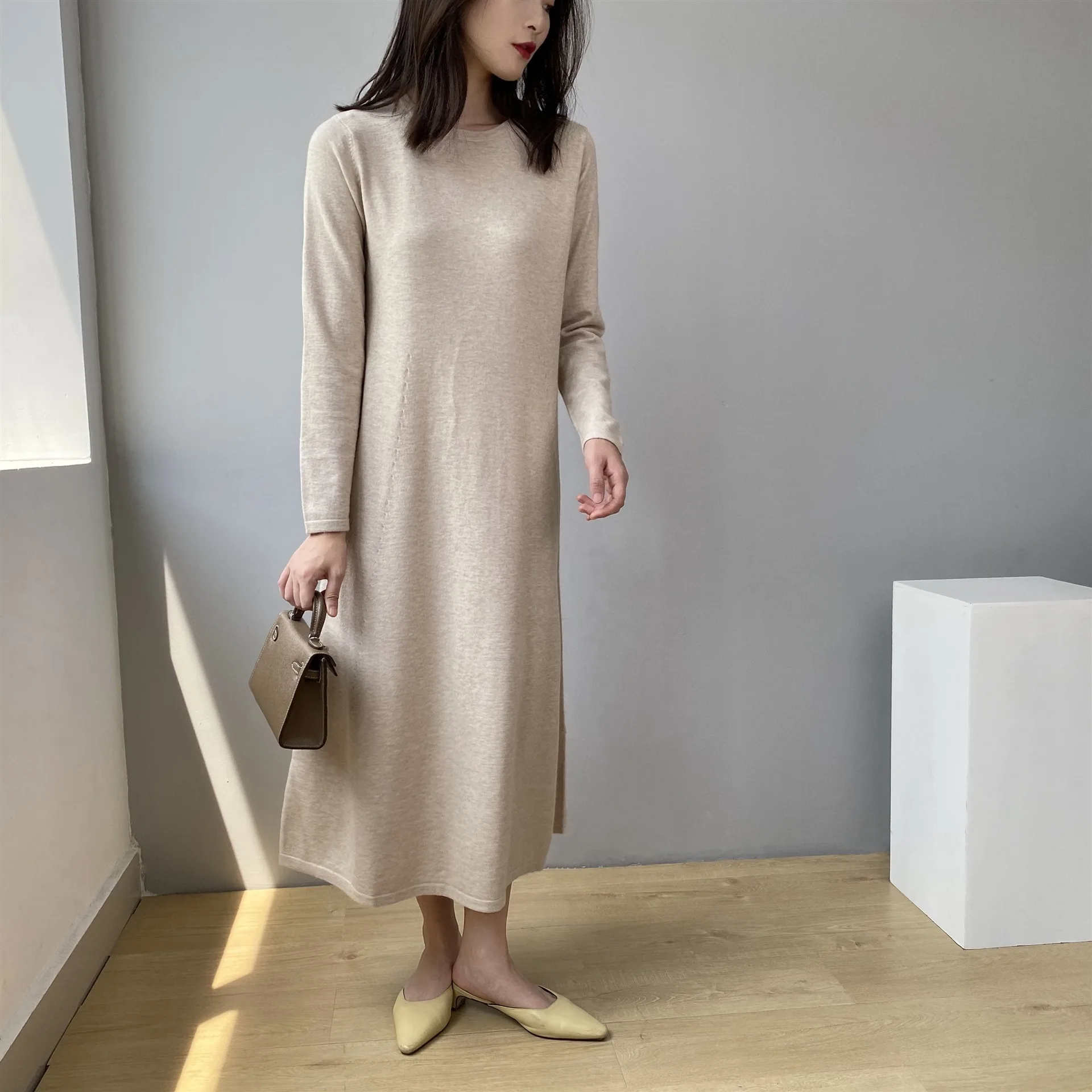 

2020 Autumn Women Kintted Dress Solid Loose Elegant Dress Women Long Sweater Dress Boho Dress Women Vestidos Femme Streetwear