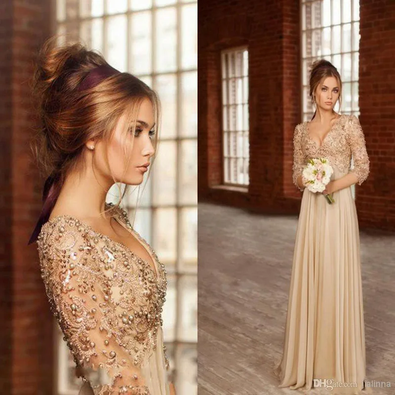 

Maternity Evening Dresses V-Neck Appliques Beaded with Pearls A-Line High Waist Chiffon Half Sleeves Prom Gowns Party Dresses