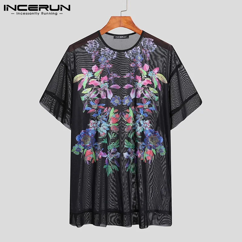 

Мужская футболка с круглым вырезом и коротким рукавом, сетчатые Прозрачные рубашки 2022 с цветочным принтом, уличная одежда, повседневная оде...