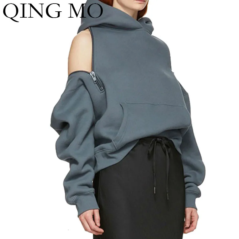QING MO черный серый женский свитер с капюшоном 2019 осень зима Женская толстовка