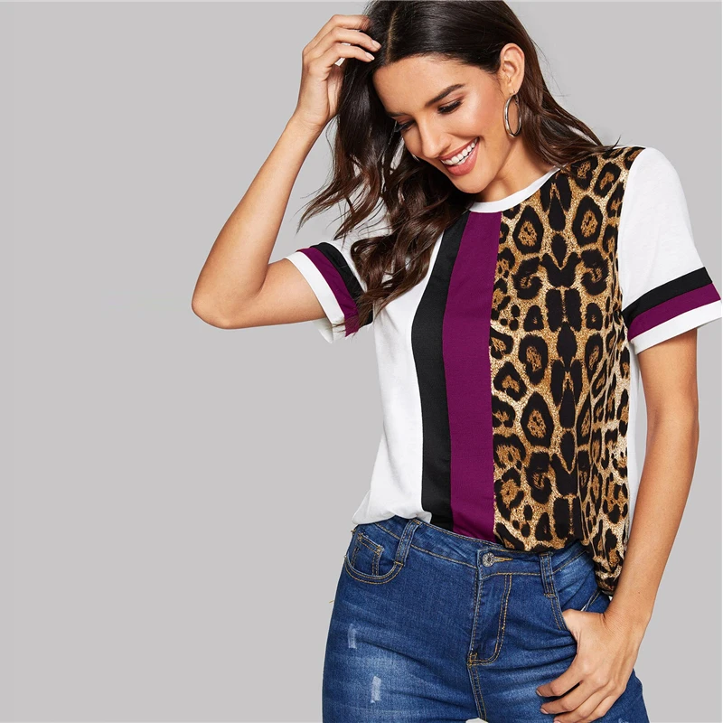 SHEIN Color Block Cut-and-Sew Leopard Panel Top Short Sleeve O-Neck Casual T Shirt Women Summer Leisure Ladies Tshirt Tops